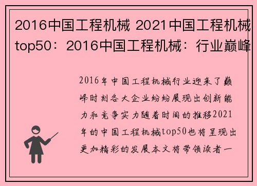 2016中国工程机械 2021中国工程机械top50：2016中国工程机械：行业巅峰与创新