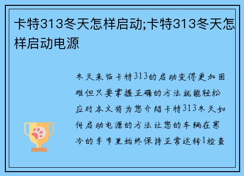 卡特313冬天怎样启动;卡特313冬天怎样启动电源